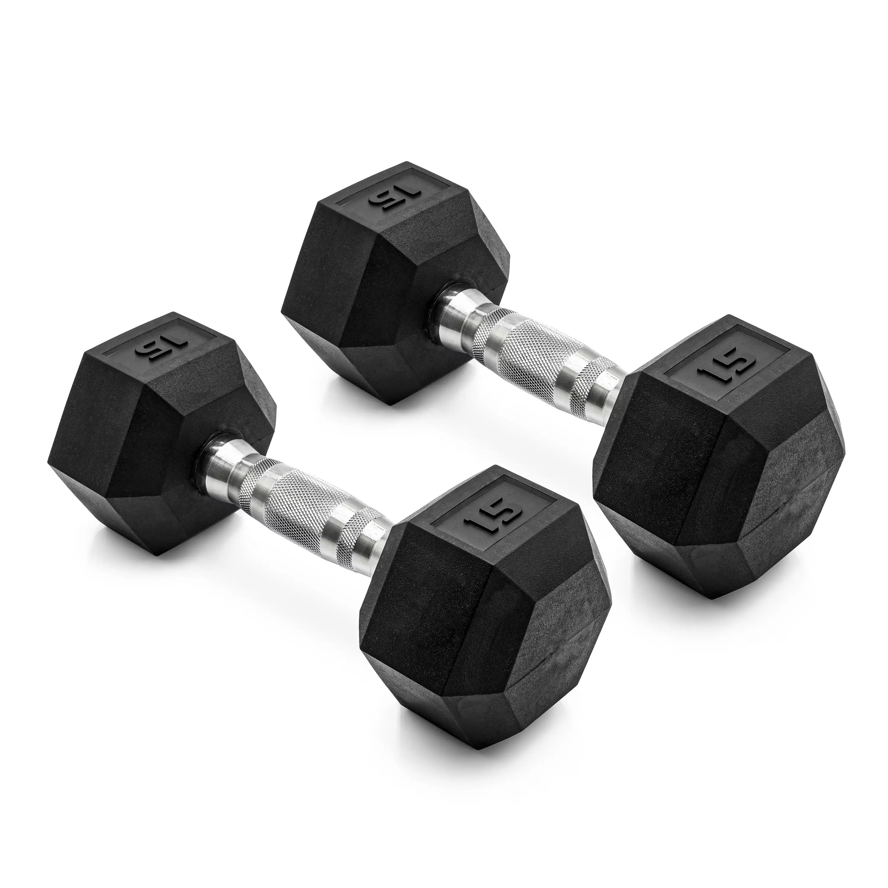 Barbell, 15lb Coated Rubber Hex Dumbbell, Pair (No-Roll Design, Ergonomic Steel Handle, Durable Coated Weight)