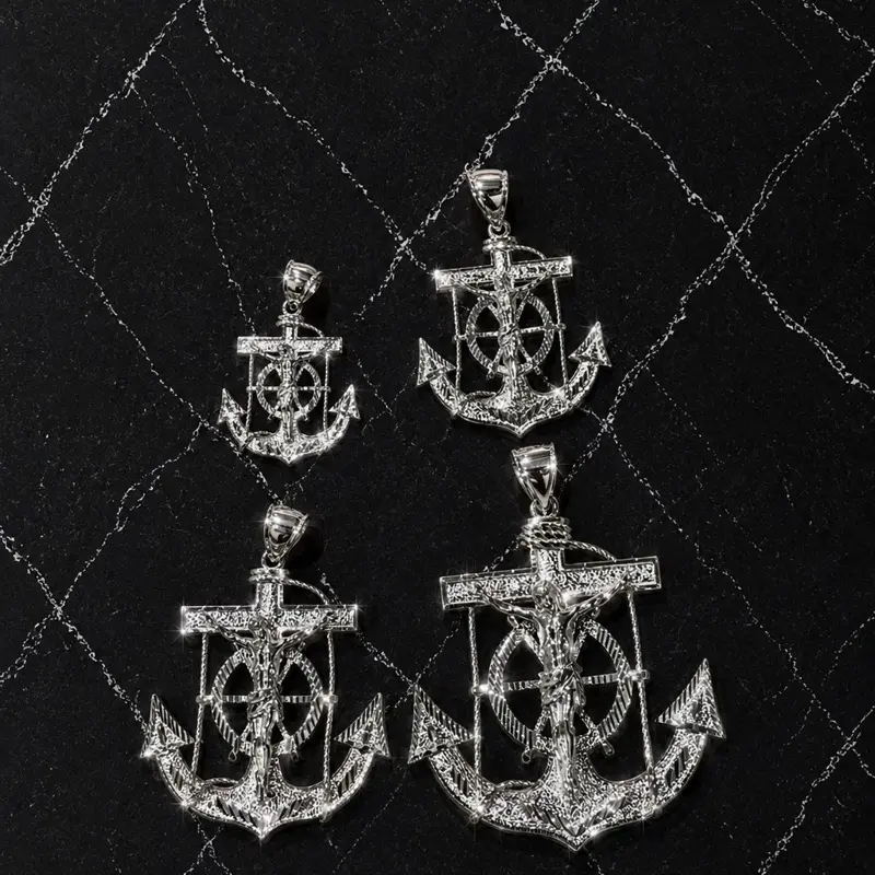 925 Sterling Silver Mariner Crucifix Anchor Cross with Jesus Pendant-Diamond Cut