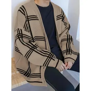 Men’s V-neck open-front cardigan sweater, trendy thick premium loose coat, autumn/winter style, laid-back look, Japanese knit sweater