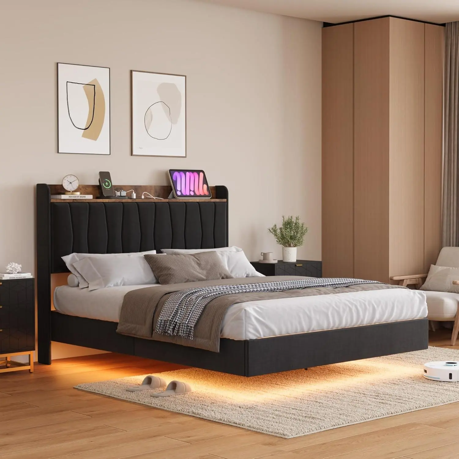 Queen Size Floating Bed Frame with LED Lights and Charging Station - Upholstered Platform Bed No Box Spring Needed Noise-Free Black Multifunctional Headboard Adjustable Cloud Headboard
