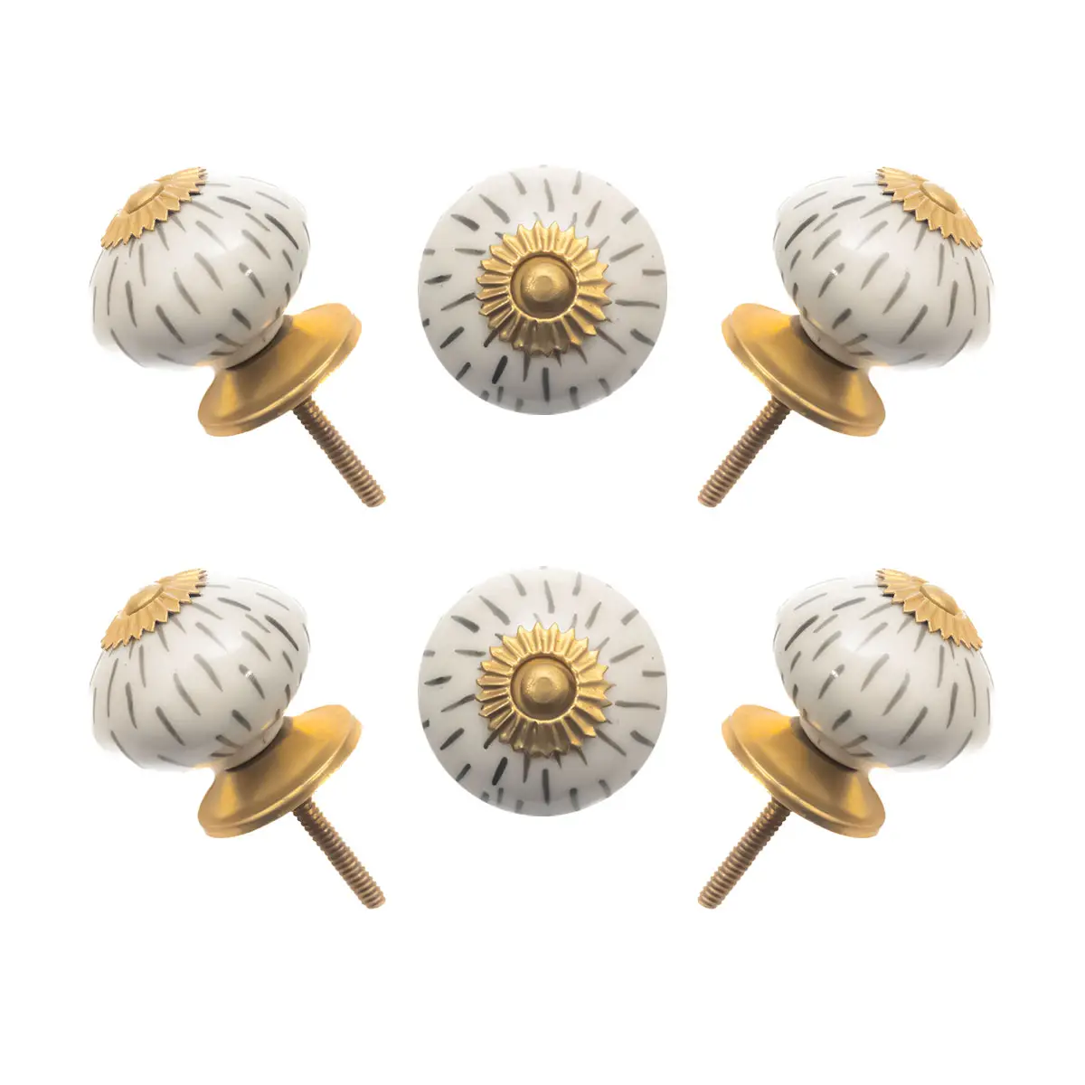 Rainy Artistic Hand-Painted Grey Dash Ceramic Knobs with Gold Accents (Set of 6) - 1.5 Inch - CDNY