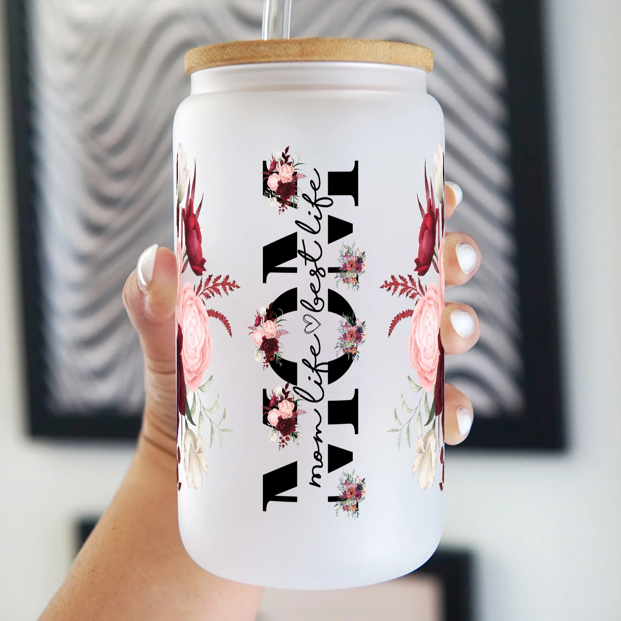 Mom Life Flower 40oz Glass Tumbler with Lid and Straw, Iced Coffee Drinkware, Gift for Her, Acrylic Tumbler, water bottle for women, floral tumbler, Cup, Mug, Insulated Water Bottle