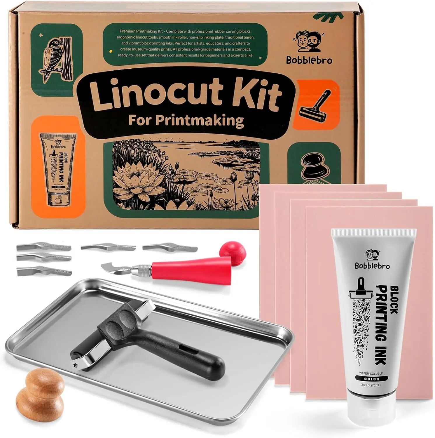 Bobblebro Linocut Kit for Printmaking - Arts and Crafts for Adults - Back to School Gifts DIY Kit - Hobby Kits Birthday Gift for Women Men Boys Girls - Stamp Making Kit - Linoleum Blocks Carving Tools