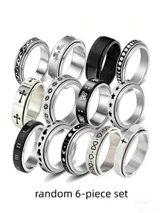 Rotating Ring Anxiety Relief Finger Toy, Fashion Simple Stainless Steel Ring Set of 6, Casual All-Season Jewelry Accessory