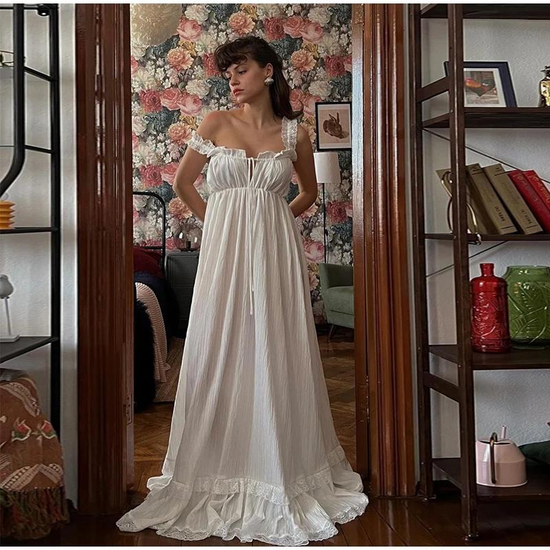 Women's Elegant White Tiered Cami Long Dress Lace Trim Ruffle Flowy Maxi Sundress Sleeveless A-Line High Waist Summer Dress