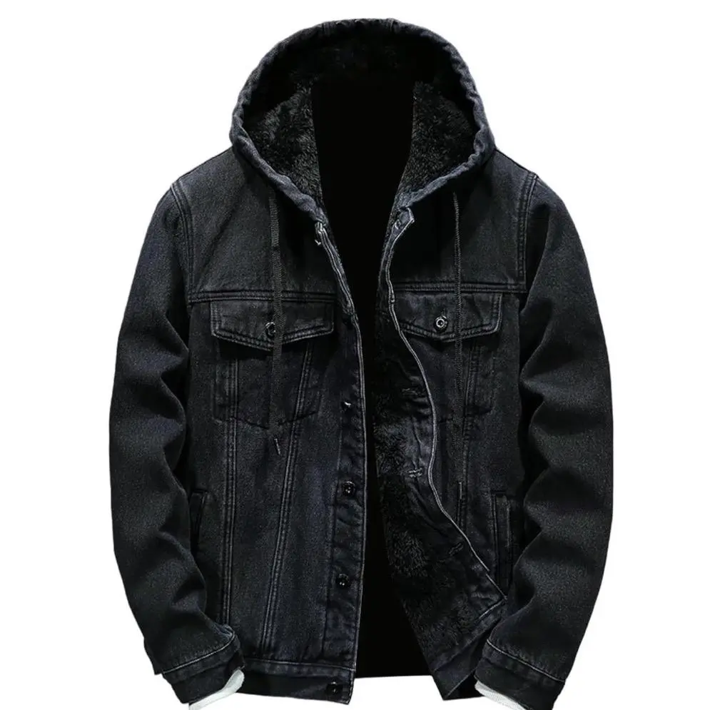 Mens Fleece Lined Denim Hoodie Jacket - Winter Warm Cowboy Jean Jacket, Casual Button Down Style, Thicken Trucker Coats - Sweatshirts, Menswear