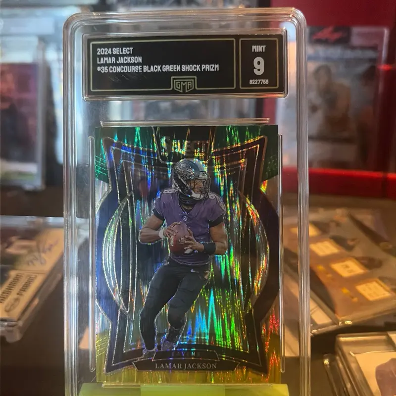 Lamar Jackson 2024 select concourse black green shock prize GMA mint 9 cert# 8227758