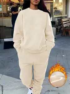 【Plus Size】 Two-Piece Set Solid Crew Neck Fitted Sweatshirt & Pants Set, Casual Fashion Cozy Sweatshirt & Trousers for Daily Outdoor Wear, Women's Outfits for Fall & Winter