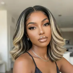 Nadula Dark Brunette with Ash Blonde Highlight Layered Wavy Bob Wig Bye Bye Slip 7x5 Lace Human Hair Wigs with Invisi Drawstring Ready and Go