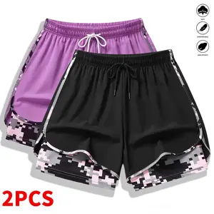 Women’s Casual Athletic Shorts, 2-pack, lined, drawstring, elastic waistband, suitable for outdoor sports, fitness, running, and casual wear, women’s shorts, athletic shorts, womenswear