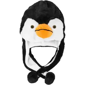 Penguin Plush Animal Winter Ski Hat Beanie Aviator Style Winter Black/White