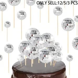 Disco Ball Cake Decorations, 3/5/12 Pcs, Retro 70s Disco Theme, Perfect for Birthday Parties, Wedding Table Decor, Cake Plugins