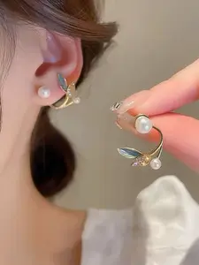 Leaf Pearl Jacket Earrings-Pretty Leaf Imitation Pearl Design Stud Earrings Alloy Jewelry Vintage Elegant Style Suitable For Women Daily Wear