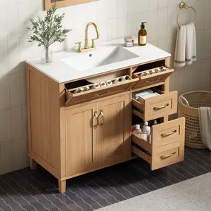 36" Bathroom Vanity with Ceramic Sink, Modern Natural Wood Grain Vanity, Solid Rubberwood Legs, Soft-Close Double Doors & 4 Drawers, Natural Wood Color