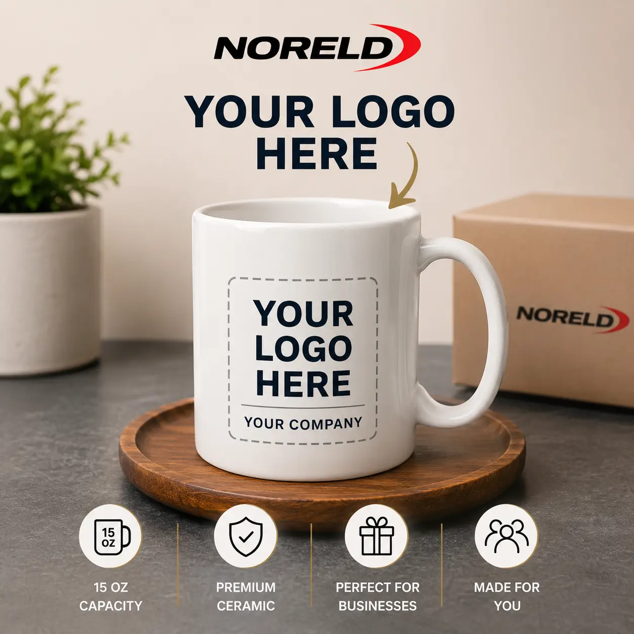 NORELD Custom Logo Mug for Business | 15 oz Personalized Ceramic Coffee Cup | Company Branding | Promotional Gift