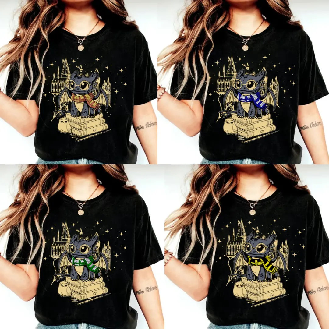 Comfort Colors Toothless School Shirt, Night Dragon in Red, Green, Blue, Yellow Robes, Fantasy House Tee for Cozy Wizard Aesthetic Fans , Casual Cotton