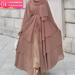 1896# 3 Layer Chiffon Solid Open Abaya （abaya+hijab）Set