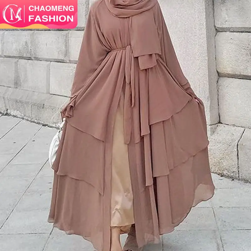 Women's Islamic 1896# 3-Layer Chiffon Solid Color Abaya with Hijab Set