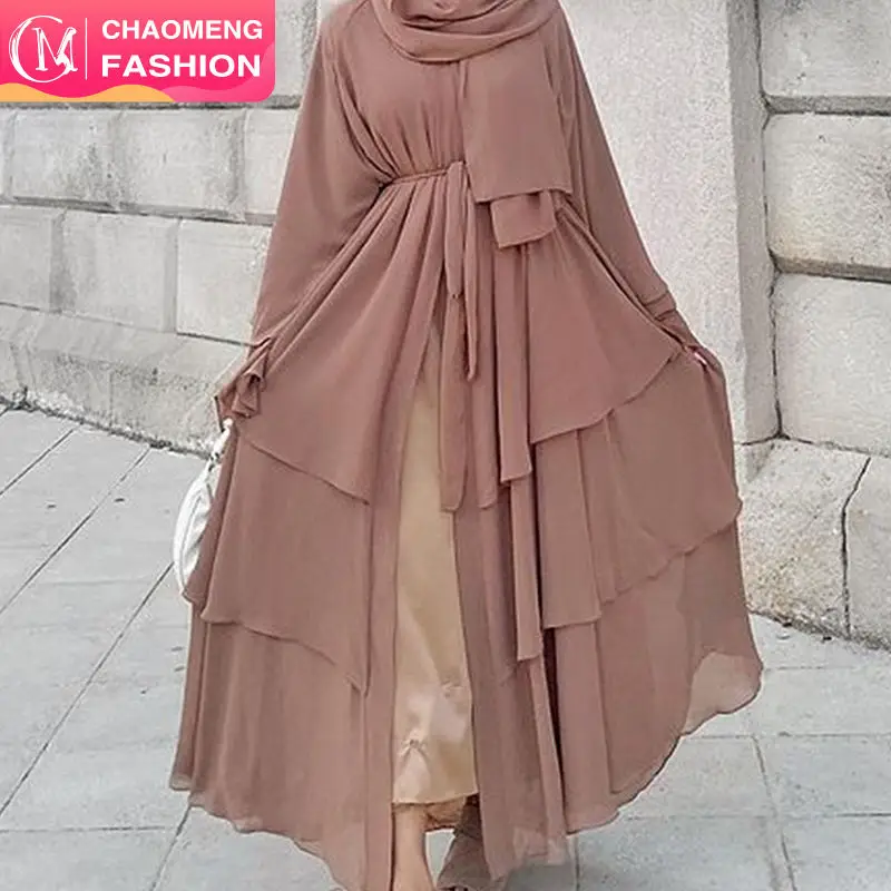 1896# 3 Layer Chiffon Solid Open Abaya （abaya+hijab）Set