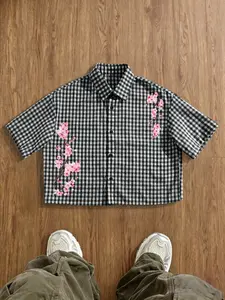 Men's Summer Cherry Blossom Plaid Floral Short Sleeve Shirt, Loose Fit Casual Top, Perfect for Daily Wear, Comfortable and Stylish