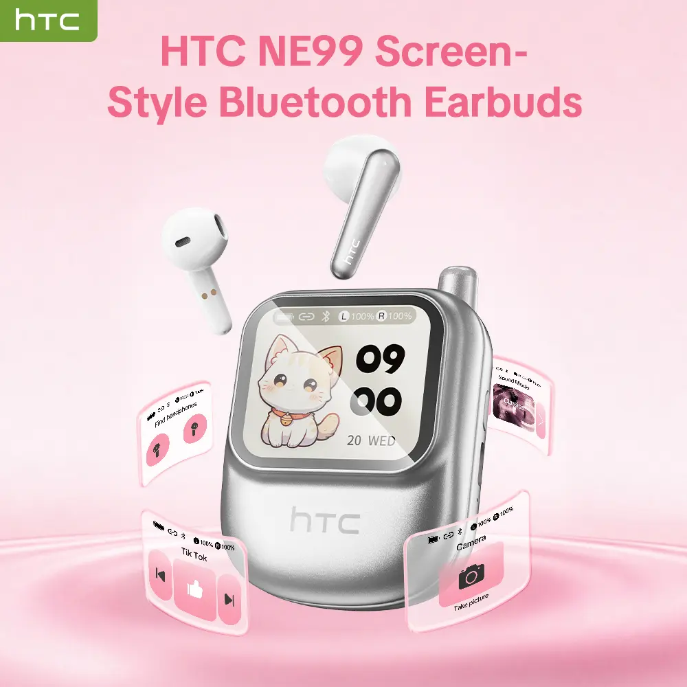 HTC NE99 Bluetooth Wireless Earbuds,Smart Touch Screen, 165+ Translation languages, Bluetooth 6.0, High-Fidelity Audio,  Built-in Games, Lyrics Display, Custom Wallpapers,  Remote Camera, Touch Control, 24H Battery Life