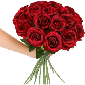 Red Roses Artificial  - 12 count Realistic Long Stem  Roses Faux Silk  for DIY Bouquets Wedding Centerpieces Arrangements Home Party Decor(Burgundy)