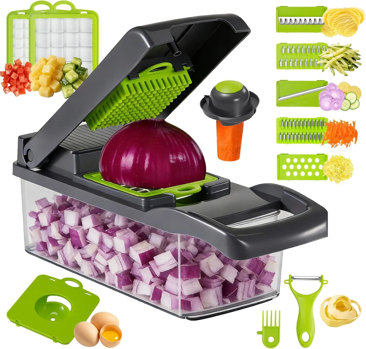16-in-1 BPA-Free Traditional Multifunctional Food Chopper for Chopping & Cooking - 13.5"l x 4.5"w x 4.5"h Kitchen Hand Tool with 8 Blades, Vegetable Slicer, Dicer, Onion Cutter, Stainless Steel Utensils, Storage Container