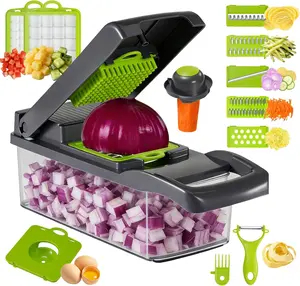 16-in-1 Traditional Multifunctional Food Chopper for Chopping - Kitchen Hand Tool with 8 Blades, Vegetable Slicer, Dicer, Cutter, Onion Chopper, Stainless Steel Utensils and Storage Container