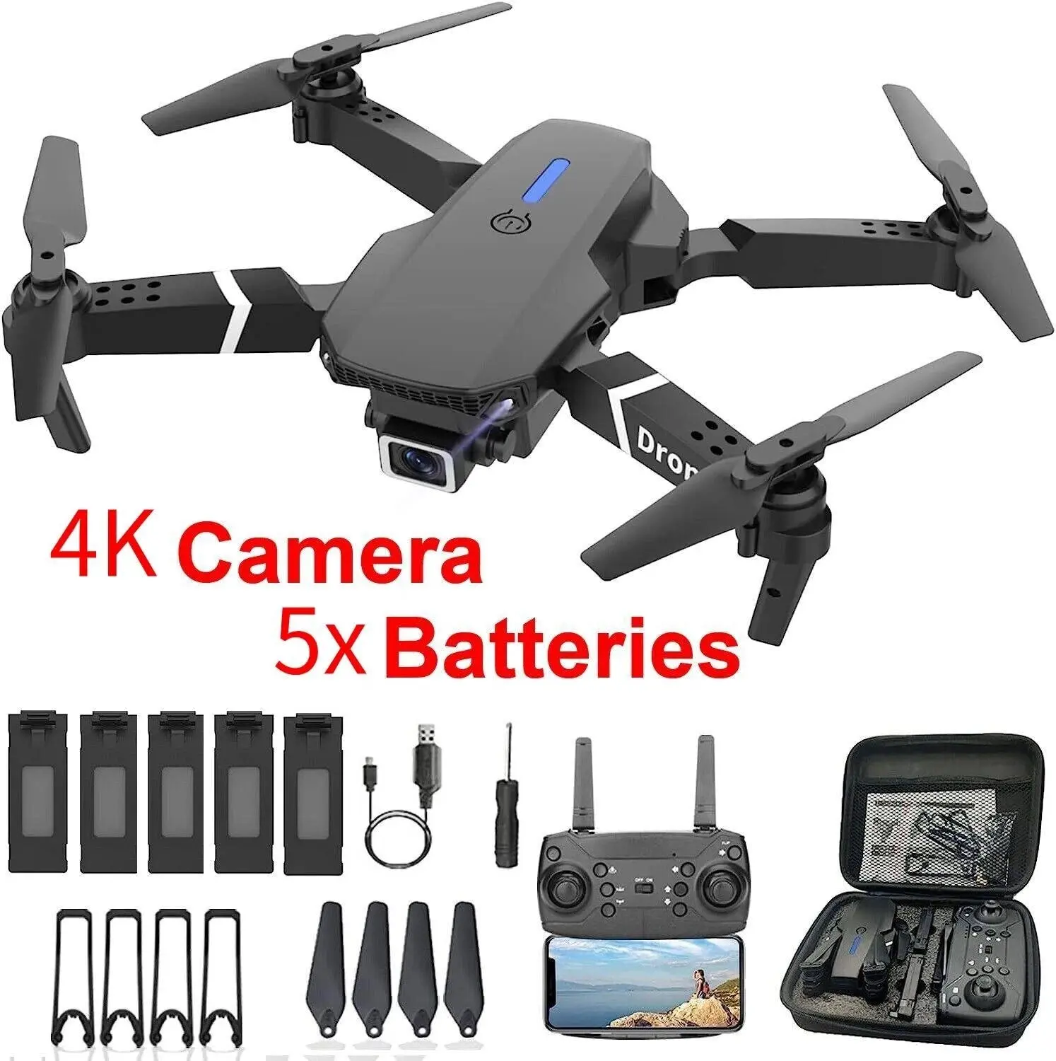 2026 New RC Drone With 4K HD Camera WiFi FPV Foldable Quadcopter + 5 Batteries