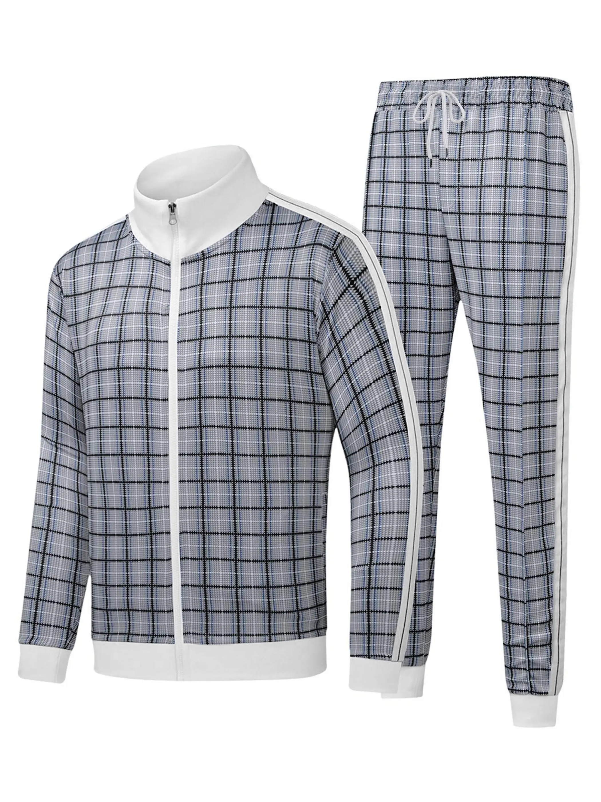 Men's 2-Piece Classic Checked Sportswear Set - Full-Zipper Long-Sleeved Sweatshirt Jacket & Jogging Pants, Suitable for Fitness, Running
