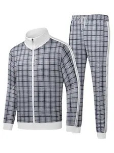 Men's 2-Piece Classic Checked Sportswear Set - Full-Zipper Long-Sleeved Sweatshirt Jacket & Jogging Pants, Suitable for Fitness, Running