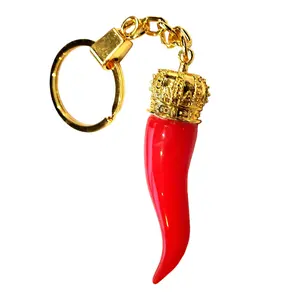Italian Red Horn Keychain - with Gold Chain Double Ring Design for Protection Against Evil Eye & Fertility Promoting Talisman 2.5" Plastic Keyring