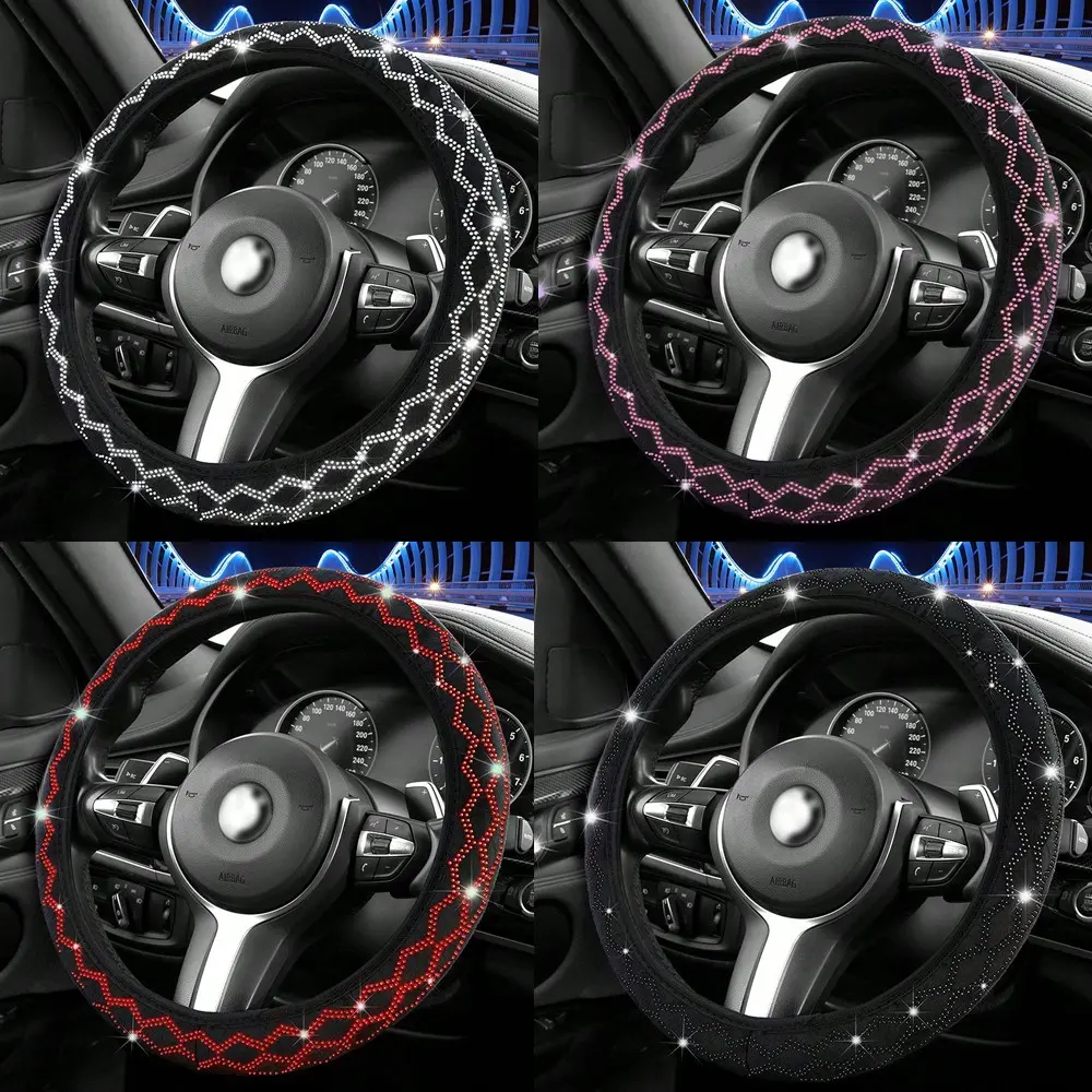 Blingbling Car Vehicle Steering Wheel Cover with Rhinestones, Automotive Steering Wheel Decor, Elastic No Inner Ring Wave Shape, Universal Fit for All Seasons, Women's Car Interior Accessories