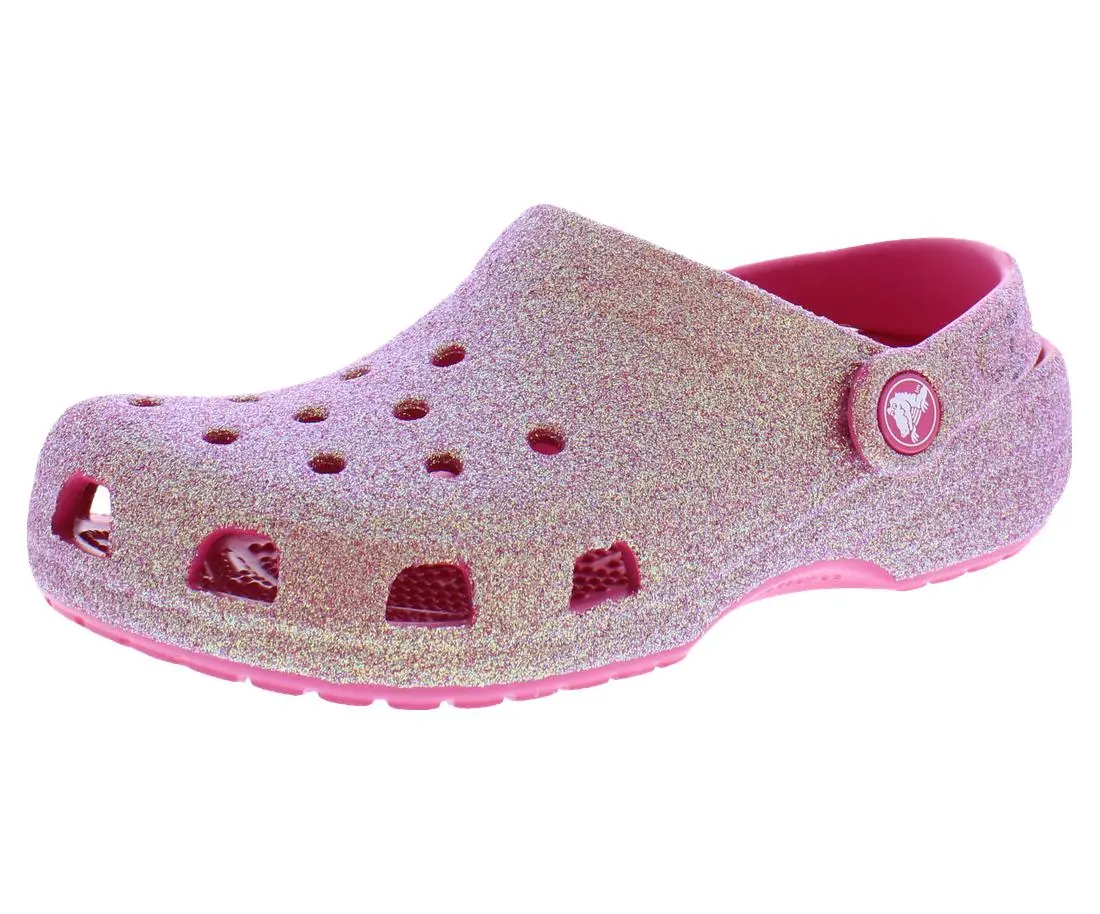 Crocs Classic Iridescent Glitter Finish Clog - PS Girls' Sports Clog, Dragon Fruit Color