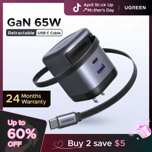 UGREEN Nexode 65W Charger with Retractable USB-C Cable International Warranty Smart Power Allocation 8-Safeguard Protection for Apple Android Devices,tiktokshopstockup,mothersdaygift