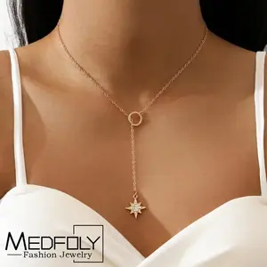 MEDFOLY Boho Lariat Y Necklace for Women 14K Gold Plated Rhinestone Cz Hexagram Pendant Necklace Summer Jewelry Gifts