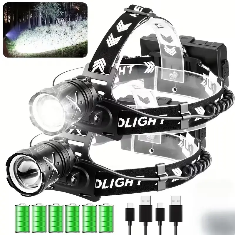Ultra-bright 30W LED Headlamp - Lightweight, rechargeable, with a Type-C port, long battery life, perfect for outdoor work, hunting, and fishing