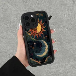 Retro Sun and Moon Pattern Case for iPhone 16 15 14 Pro Max 13 12 11 XR XS Plus Shockproof Full Camera Protection Durable slim Silicone Cover Protective Cellphone Protector Smartphone Casing Black