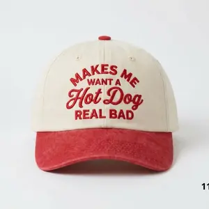 Makes Me Want A Hot Dog Real Bad Embroidered Hat, Two Tone Vintage Baseball Cap, Cream Red Funny Food Quote Dad Hat, Casual Summer Picnic Gift Cap