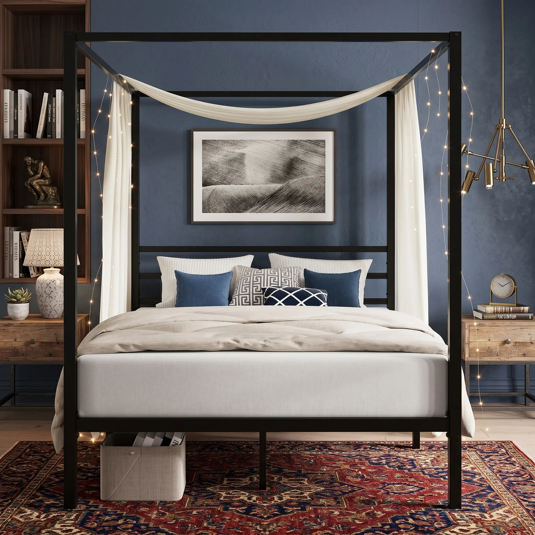 Black 4-Post Metal Canopy Bed Frame - Full/Queen Size, Sturdy Metal Slats Support, No Box Spring Needed, Noise-Free, Easy Assembly, Ideal for Home Bedroom Decor Ideas, Furniture