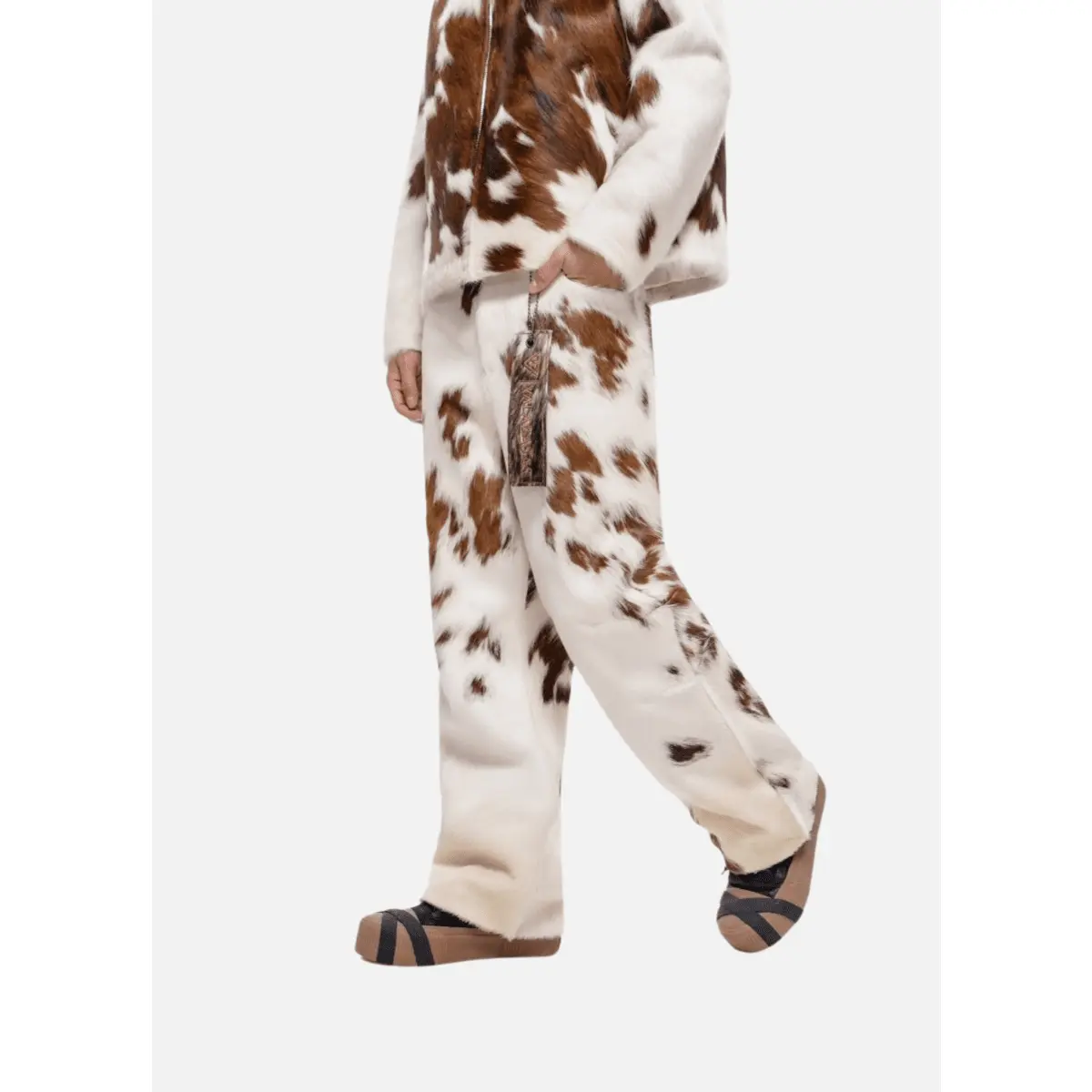 Women's Trotto 100% Cowhide Leather Bottom Garment - Brown & Cream, Breathable, Soft, Comfortable, Fashion-Fit Hip Pants for Everyday Wear, Streetwear Style, Easy Matching, Statement, Cowhide Print, Piece, Fashion-Fit Hip Piece, Loose Cut, Casual, Brown W
