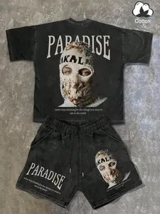 Unisex PARADISE Ski Mask Washed Tee & Shorts Set Outfit Viral Tropical CleanFit DarkStreet Premium Heavyweight Cotton Rhinestone Embellished Graphic Vintage Washed Finish Adjustable Drawstring Relaxed Fit Y2K Streetwear OOTD