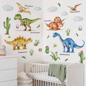 A set of three (30*90cm*3pcs) creative hand-painted colorful dinosaur and cactus wall stickers for living room and bedroom decoration background wall decals (B13517-KN)