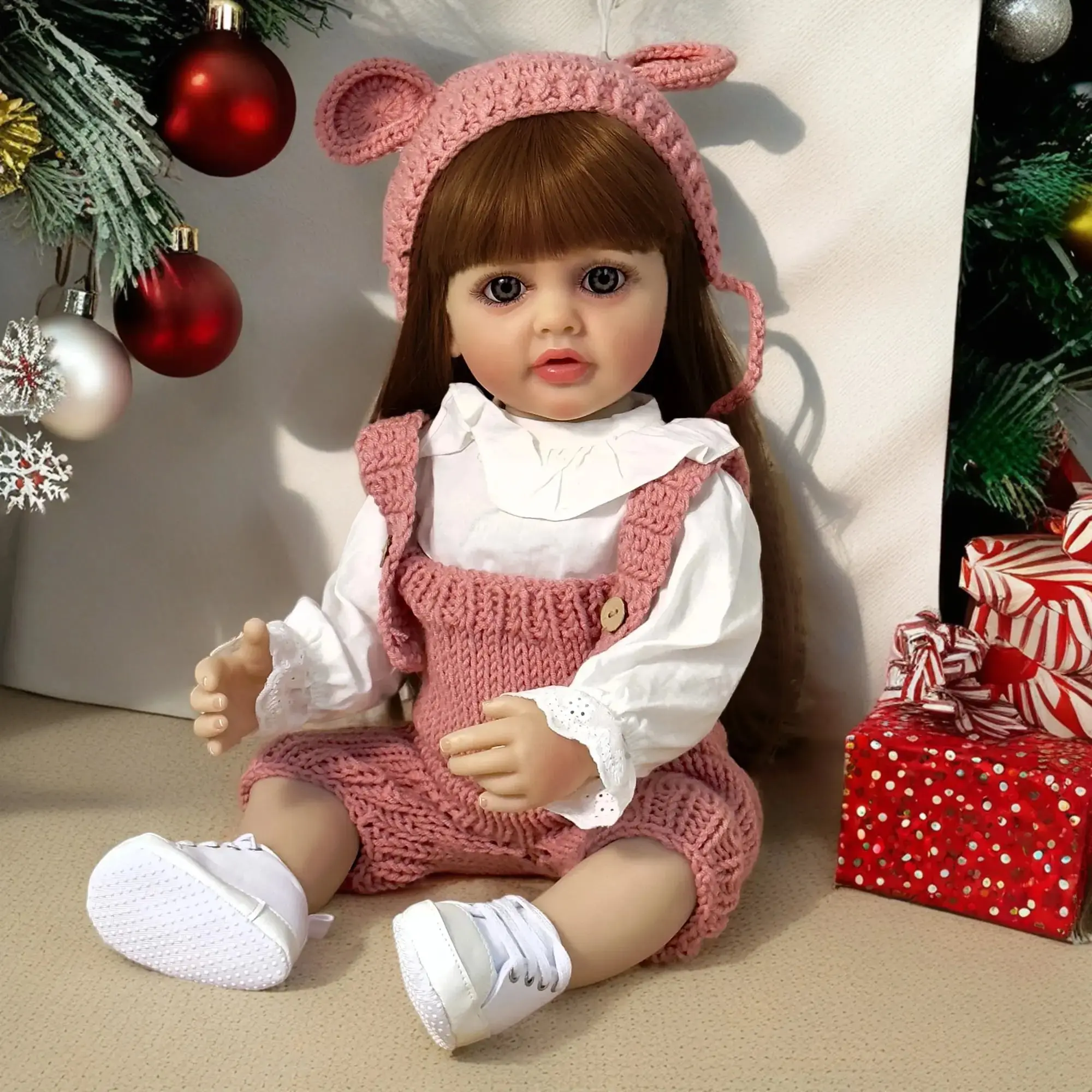 22-Inch Full Soft Silicone Lifelike Handmade Reborn Baby Girl Doll, Pink Crochet Bear Hat, Matching Knit Outfit, Washable Fashion Doll Gift for Collectors & Kids (Christmas, New Year, Birthday Presents)