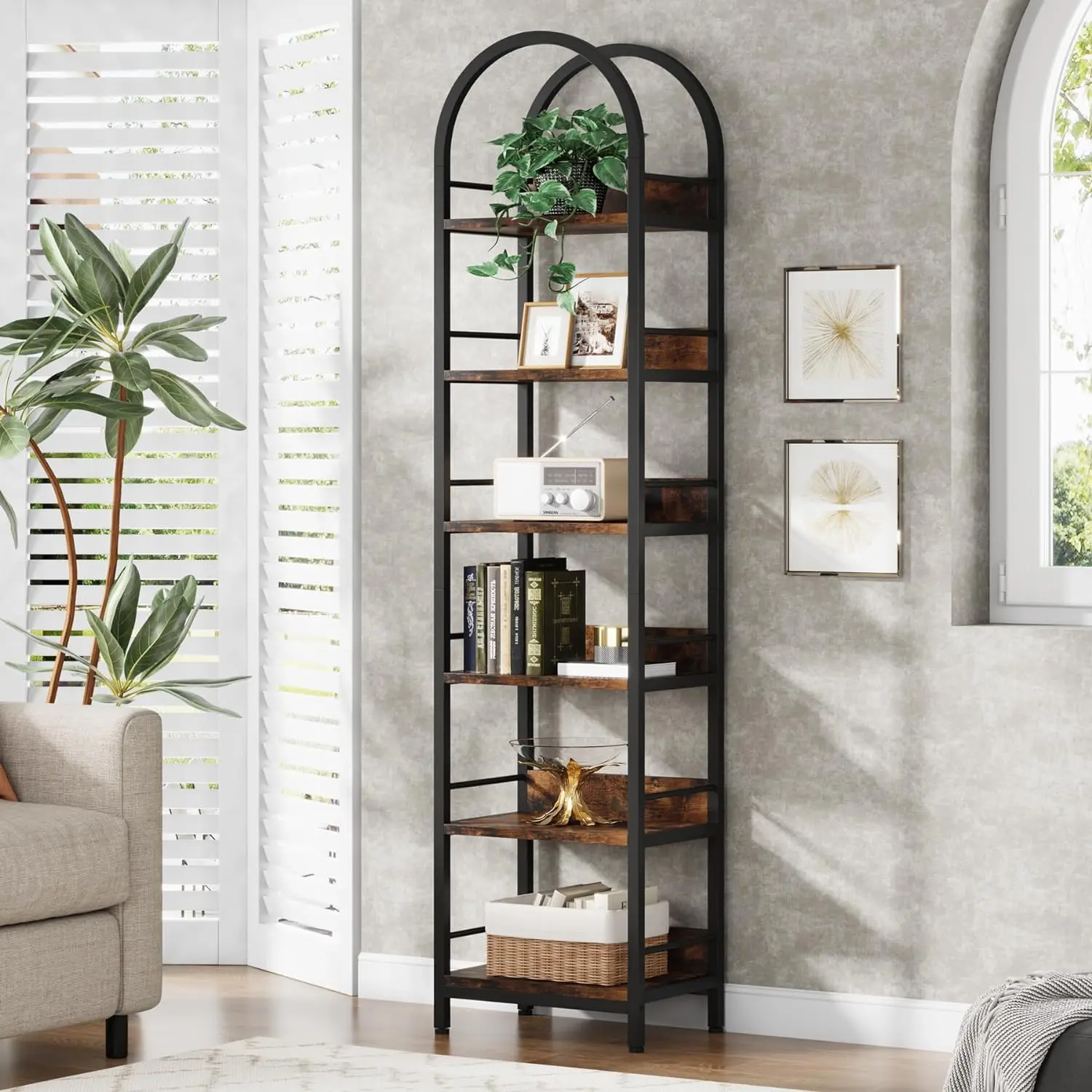 Tribesigns 6-Tier Arched Corner Bookshelf: Rustic Brown Bookcase with Metal Frame for Home Office, 78.7" Tall Freestanding Display Shelves