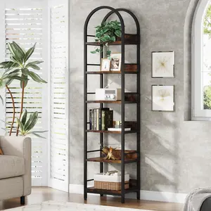 Tribesigns 6-Tier Arched Corner Bookshelf: Rustic Brown Bookcase with Metal Frame for Home Office, 78.7" Tall Freestanding Display Shelves