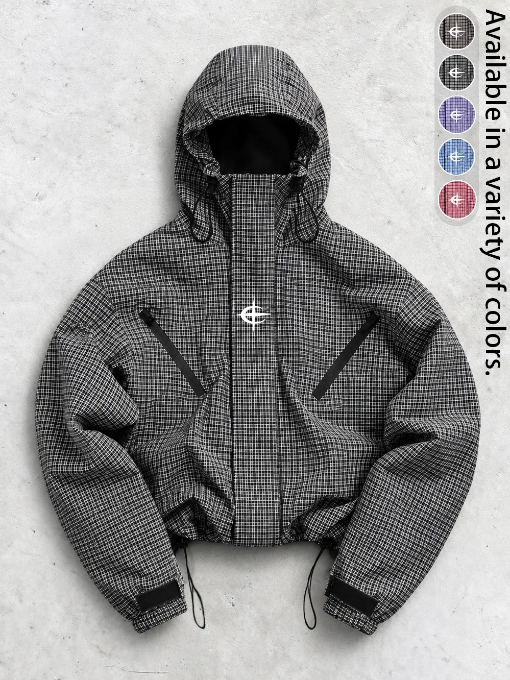 Lightweight Windbreaker Hooded Jacket, Tactical Techwear Outerwear, Grid Shell Jacket, Full Zip Utility Coat with Zipper Pockets, Adjustable Hood, Streetwear Hiking Camping Travel Jacket for Men, Fall Spring Everyday Wear Outdoor Gear, Urban Techwear