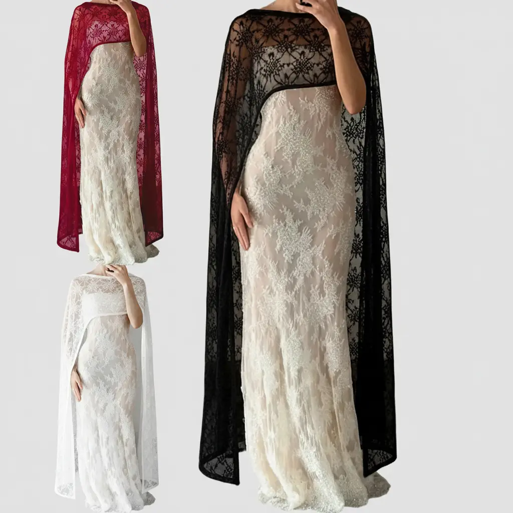 Women's Lace Long Poncho Fashionable Elegant Lightweight Solid Color Shawl Wrap for Evening Party
