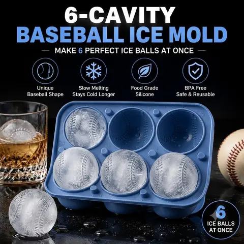 6-Cavity Thick Silicone Baseball Ice Molds Set - Large Reusable Bar Utensils for Whiskey,Beverage - Easy Clean Adults' Baseball Fans Gifts, Fan-Gift Ready for Father’s Day Parties