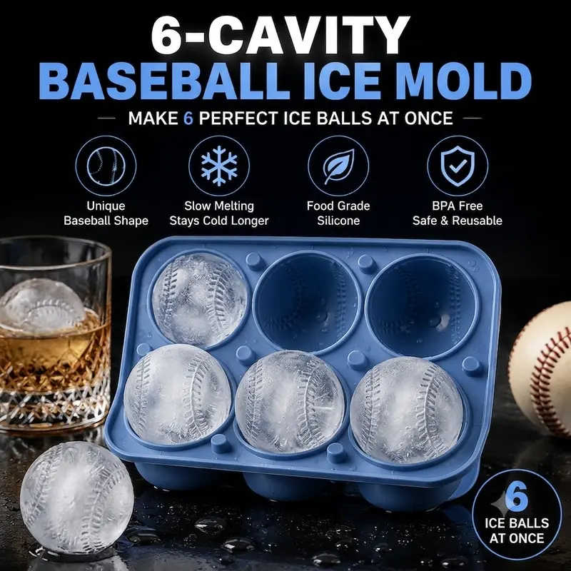 6-Cavity Thick Silicone Baseball Ice Molds Set - Large Reusable Bar Utensils for Whiskey,Beverage - Easy Clean Adults' Baseball Fans Gifts, Fan-Gift Ready for Father’s Day Parties